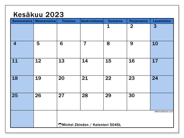 Kalenteri kesäkuu 2023, 504SL. Ilmainen tulostettava kartta.