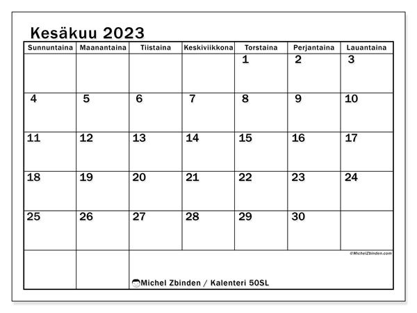 Tulostettava kalenteri, kesäkuu 2023, 50SL
