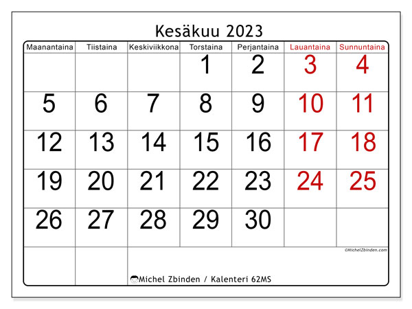 Tulostettava kalenteri, kesäkuu 2023, 62MS