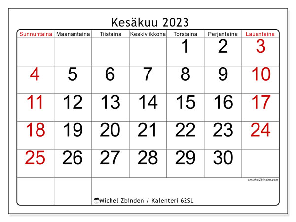 Kalenteri kesäkuu 2023, 62SL. Ilmainen tulostettava kartta.