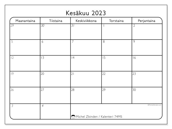 Tulostettava kalenteri, kesäkuu 2023, 74MS