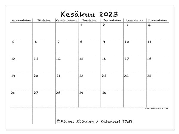 Tulostettava kalenteri, kesäkuu 2023, 77MS