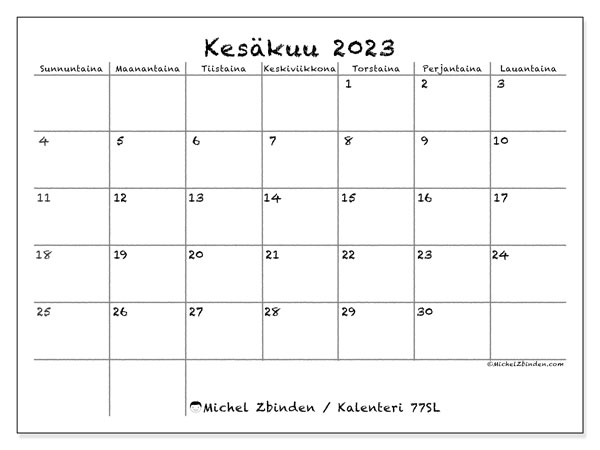Tulostettava kalenteri, kesäkuu 2023, 77SL