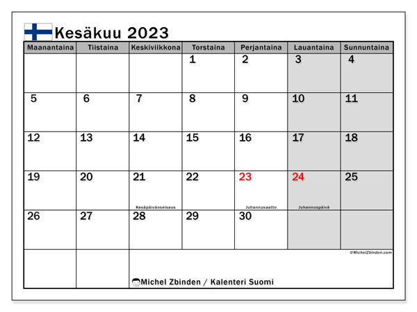 Calendrier juin 2023, Finlande (FI), prêt à imprimer et gratuit.