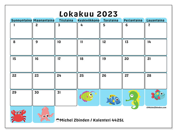 Kalenteri lokakuu 2023 “442”. Ilmainen tulostettava aikataulu.. Sunnuntaista lauantaihin