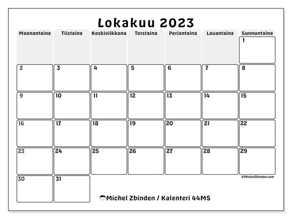 Kalenteri lokakuu 2023 “44”. Ilmainen tulostettava lehti.. Maanantaista sunnuntaihin