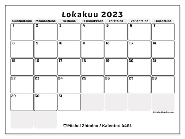 Tulostettava kalenteri, lokakuu 2023, 44SL