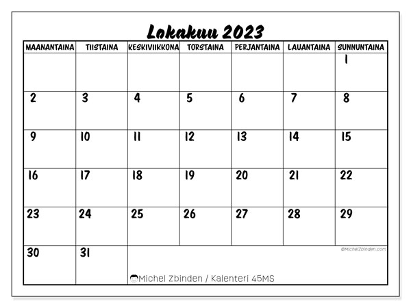 Kalenteri lokakuu 2023 “45”. Ilmainen tulostettava aikataulu.. Maanantaista sunnuntaihin