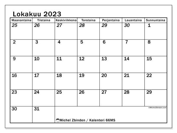 Kalenteri lokakuu 2023 “501”. Ilmainen tulostettava ohjelma.. Maanantaista sunnuntaihin