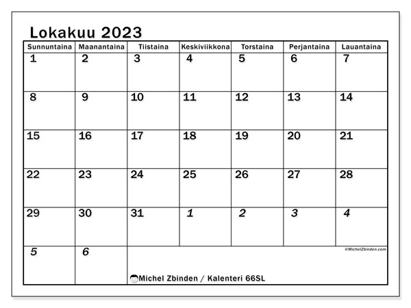 Kalenteri lokakuu 2023, 501SL. Ilmainen tulostettava kalenteri.