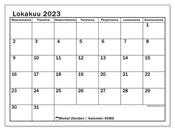 Kalenteri lokakuu 2023, 50MS. Ilmainen tulostettava kalenteri.