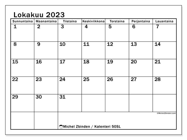 Kalenteri lokakuu 2023, 50SL. Ilmainen tulostettava kalenteri.