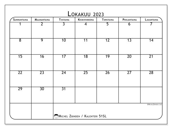 Kalenteri lokakuu 2023, 51SL. Ilmainen tulostettava kalenteri.