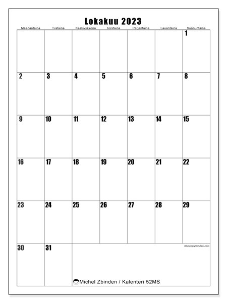 Kalenteri lokakuu 2023 “52”. Ilmainen tulostettava kalenteri.. Maanantaista sunnuntaihin