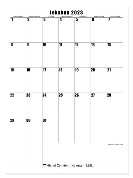 Tulostettava kalenteri, lokakuu 2023, 52SL