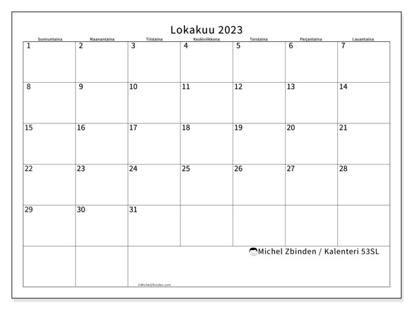 Kalenteri lokakuu 2023, 53SL. Ilmainen tulostettava kalenteri.