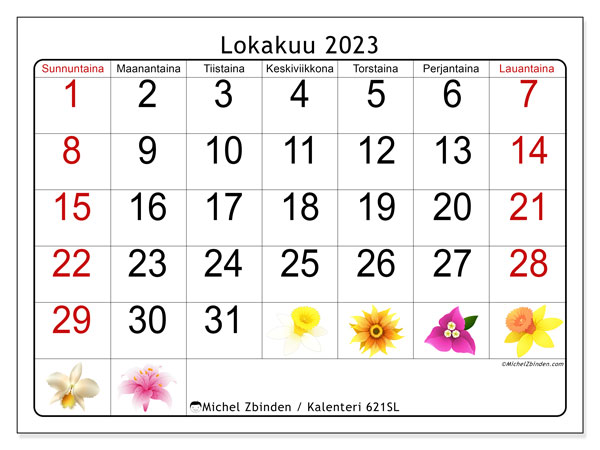 Kalenteri lokakuu 2023, 621SL. Ilmainen tulostettava kalenteri.