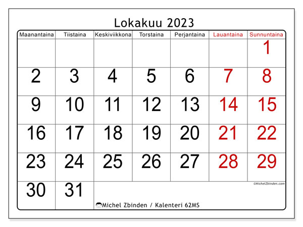 Kalenteri lokakuu 2023, 62MS. Ilmainen tulostettava kalenteri.