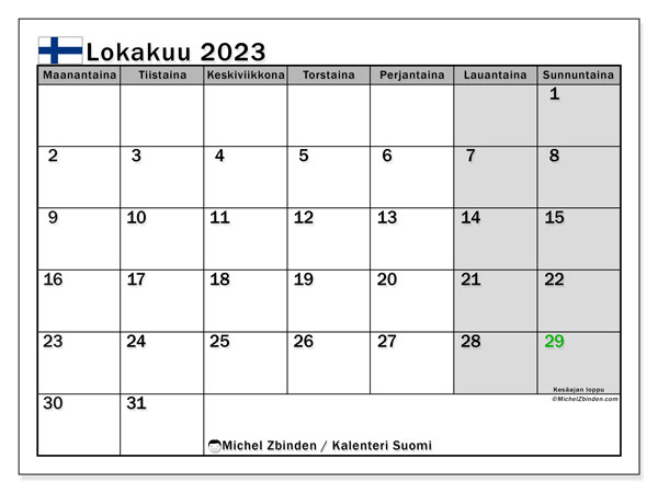 Kalendarz październik 2023, Finlandia (FI). Darmowy terminarz do druku.