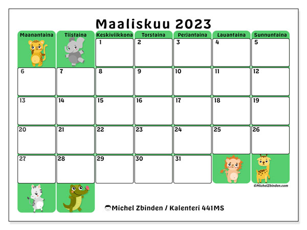 Tulostettava kalenteri, maaliskuu 2023, 441MS
