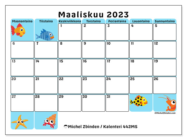 Tulostettava kalenteri, maaliskuu 2023, 442MS