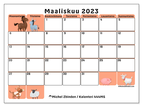Tulostettava kalenteri, maaliskuu 2023, 444MS