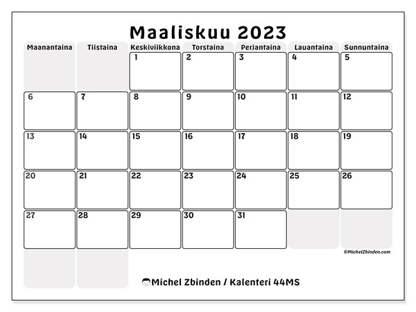 44MS, kalenteri maaliskuu 2023, tulostettavaksi, ilmainen.