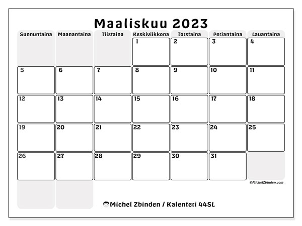 Tulostettava kalenteri, maaliskuu 2023, 44SL