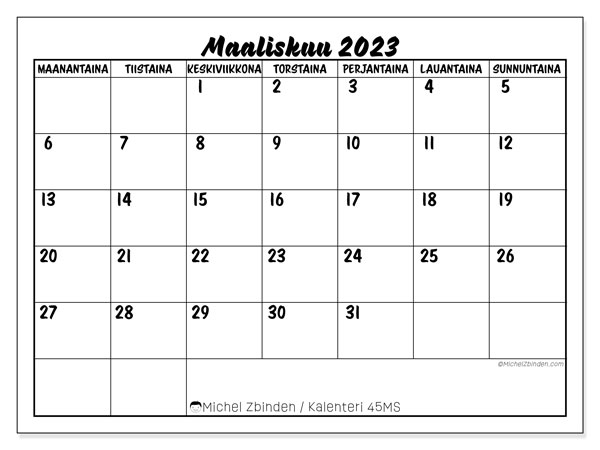 Kalenteri maaliskuu 2023, 45MS. Ilmainen tulostettava kalenteri.