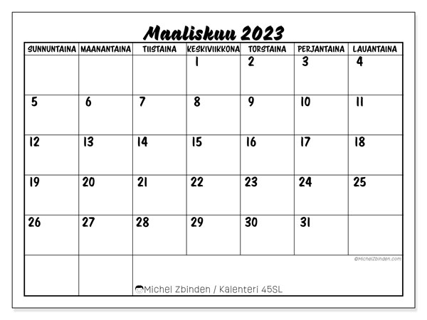 Tulostettava kalenteri, maaliskuu 2023, 45SL