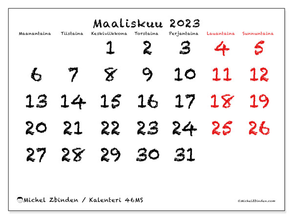 Kalenteri maaliskuu 2023, 46MS. Ilmainen tulostettava kalenteri.