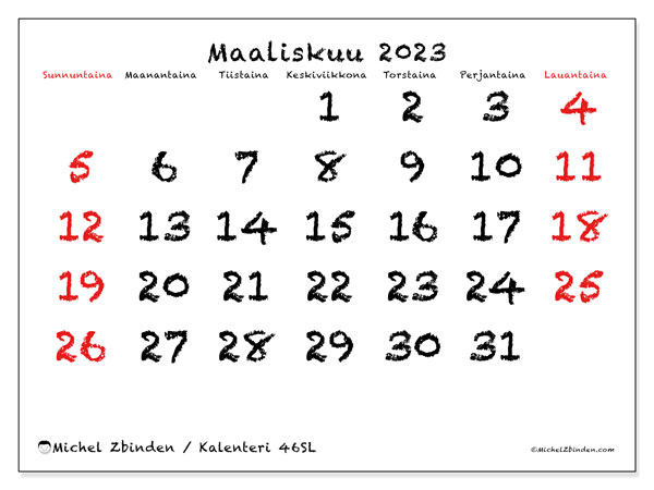 Tulostettava kalenteri, maaliskuu 2023, 46SL