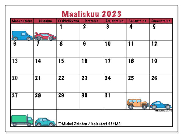 Kalenteri 484MS, maaliskuu 2023, painatusta varten, maksutta. Ilmainen tulostettava aikataulu