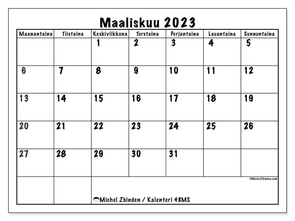 Tulostettava kalenteri, maaliskuu 2023, 48MS