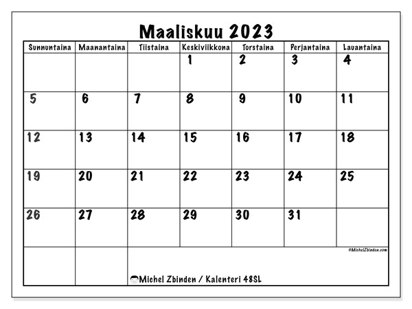 Tulostettava kalenteri, maaliskuu 2023, 48SL