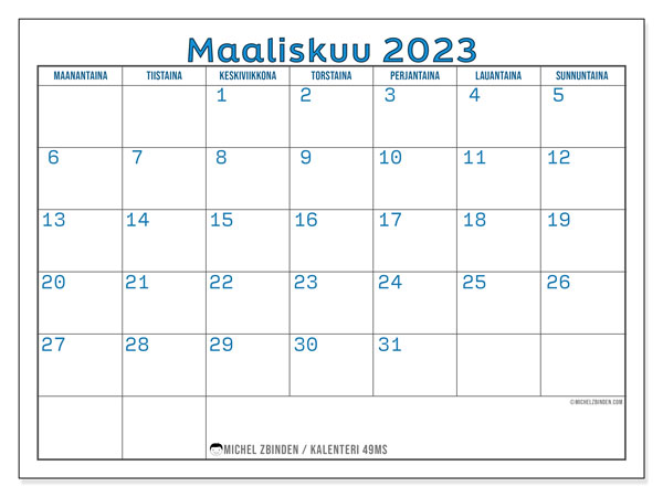 Tulostettava kalenteri, maaliskuu 2023, 49MS