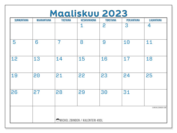 Tulostettava kalenteri, maaliskuu 2023, 49SL