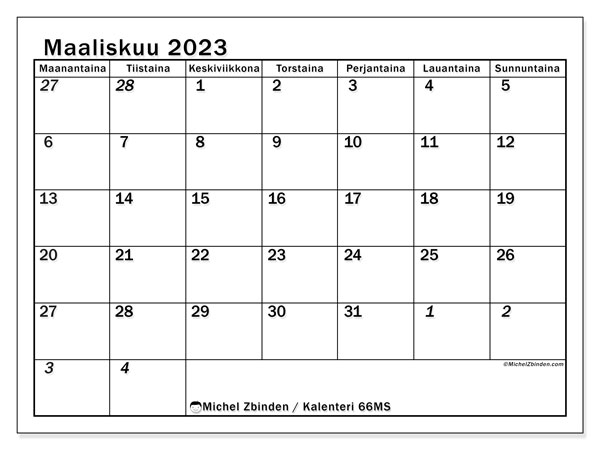 Tulostettava kalenteri, maaliskuu 2023, 501MS