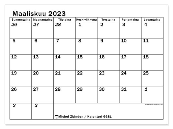 Tulostettava kalenteri, maaliskuu 2023, 501SL