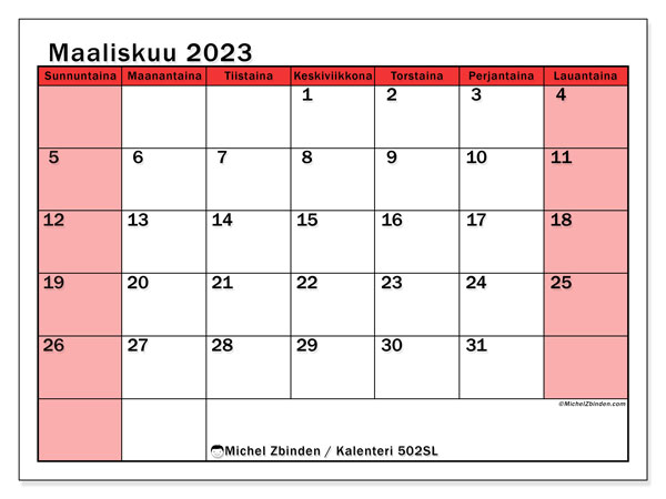 Tulostettava kalenteri, maaliskuu 2023, 502SL