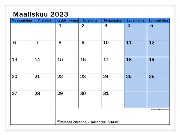 Tulostettava kalenteri, maaliskuu 2023, 504MS