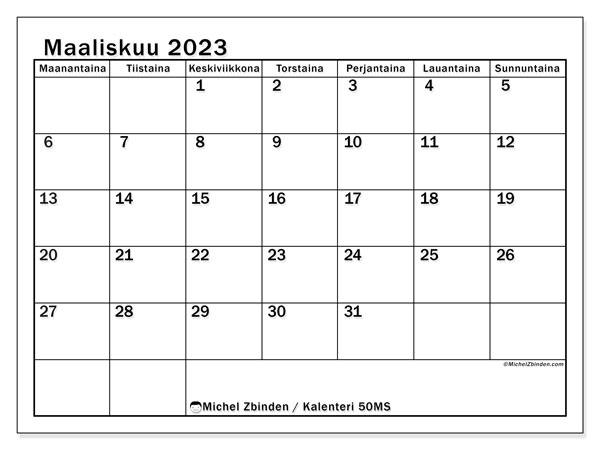 Tulostettava kalenteri, maaliskuu 2023, 50MS