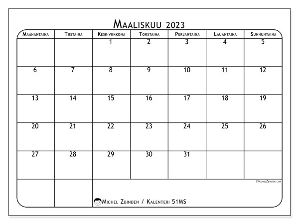 51MS, kalenteri maaliskuu 2023, tulostettavaksi, ilmainen.