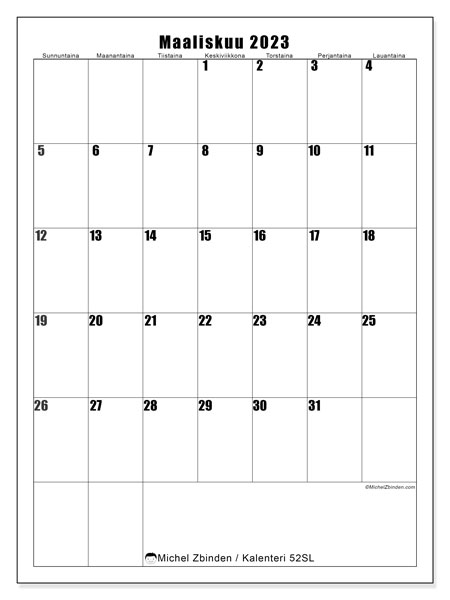 Tulostettava kalenteri, maaliskuu 2023, 52SL