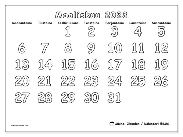 Tulostettava kalenteri, maaliskuu 2023, 56MS