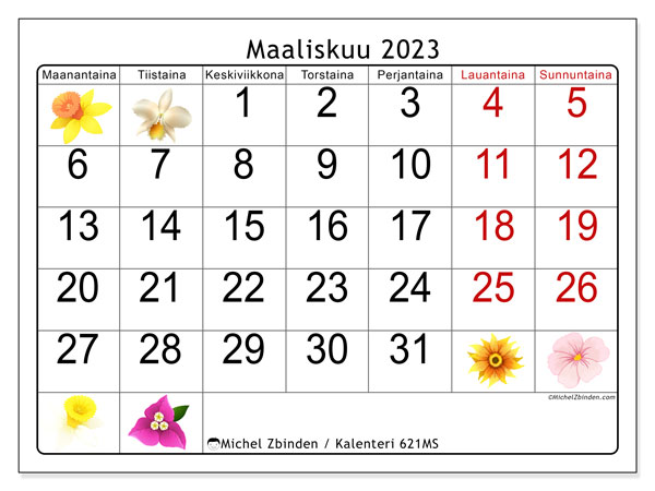 Kalenteri maaliskuu 2023, 621MS. Ilmainen tulostettava kalenteri.