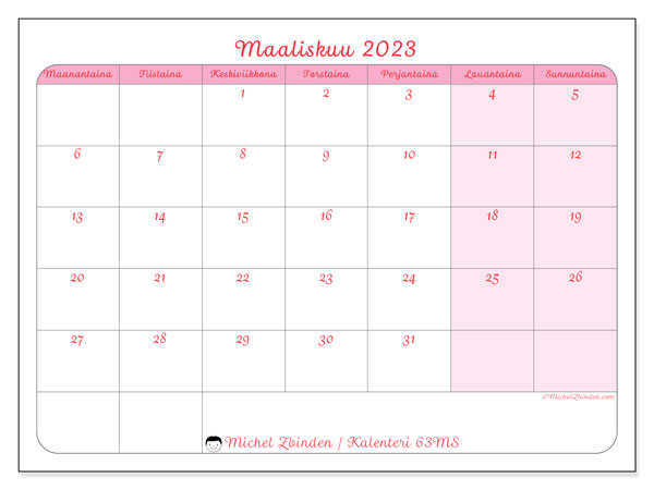 Kalenteri 63MS, maaliskuu 2023, painatusta varten, maksutta. Ilmainen päiväkirja tulostettavaksi