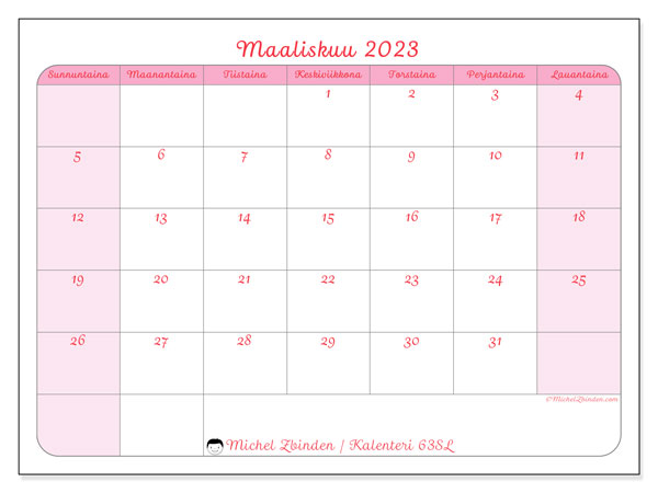 Tulostettava kalenteri, maaliskuu 2023, 63SL