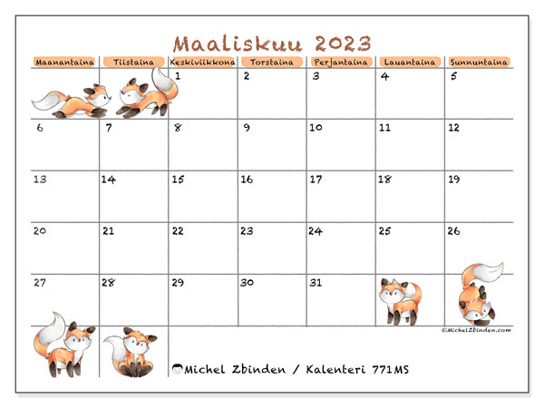 Tulostettava kalenteri, maaliskuu 2023, 771MS