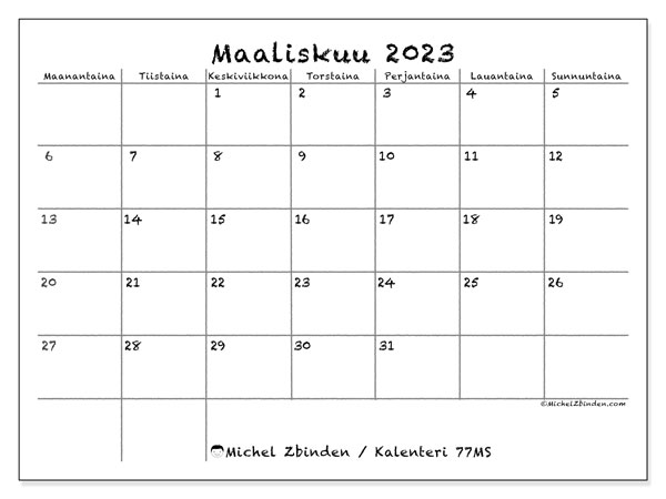 77MS, kalenteri maaliskuu 2023, tulostettavaksi, ilmainen.
